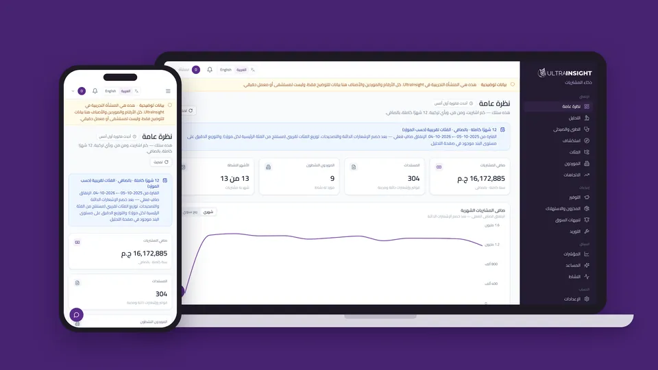 شاشة «نظرة عامة» في UltraInsight على الكمبيوتر والموبايل: صافي المشتريات لسنة كاملة والمستندات والموردين والرسم الشهري — بيانات توضيحية