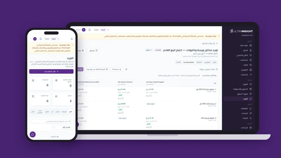 شاشة «التوريد»: مقارنة عروض 3 موردين سطر بسطر وأقل سعر لكل بند — بيانات توضيحية